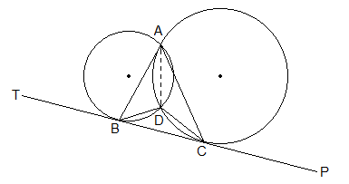 Two circles intersect each other at A and D. TP is a common tangent at B and C.