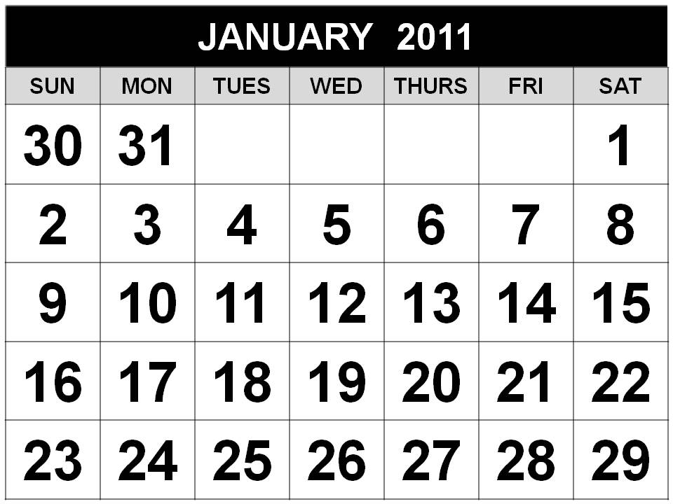 january 2011 calendar word