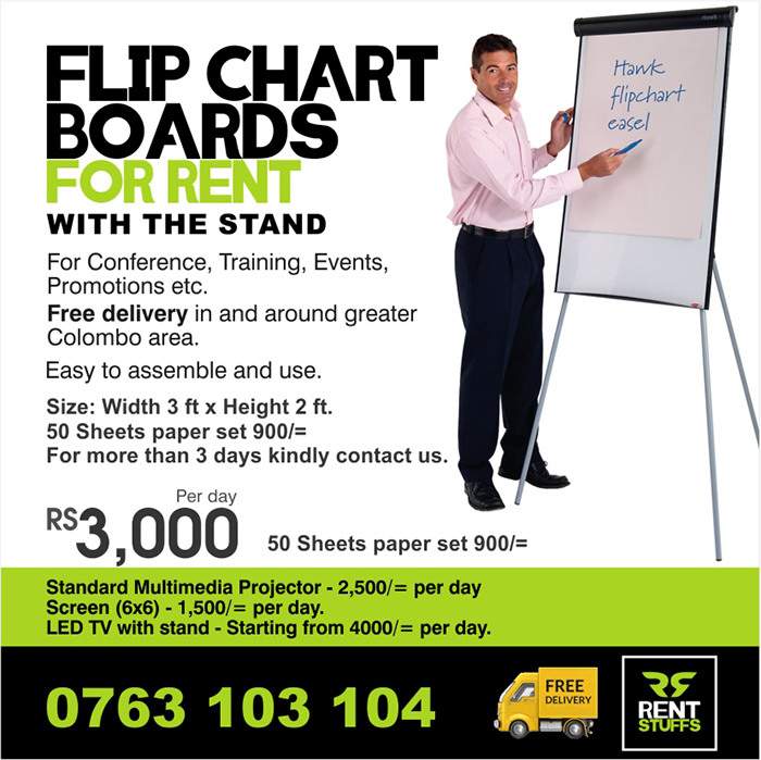 Flip Chart Board for Rent.  Size: Width 2 ft x Height 3 ft. With the stand.  Rent per day 3000/=* 50 Sheets paper set 900/=  For workshop, classes, training, etc.  Hotline 0763 103 104  * Please contact us for more than 3 days rental  ----------------------------------------------------------- Standard Multimedia Projector - 2,500/= per day Screen (6x6) - 1,500/= per day. Screen (8x6) - 2,500/= per day ( without delivery charges ). LED TV with stand - Starting from 4000/= per day.  #soundrent #soundsystemrent #avrent #audiorent #speaker #micraphone #rentstuffs #projector #projectorscreen #flipboard