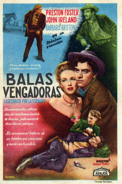 BALAS VENGADORAS (ASESINATO POR LA ESPALDA). Programa de mano. Ilustración: Balonga Cassar. España. Imprenta: Thomas, Barcelona. BALAS VENGADORAS. I Shot Jesse James. 1949. Estados Unidos. Dirección: Samuel Fuller. Reparto: Preston Foster, Barbara Britton, John Ireland, Reed Hadley, J. Edward Bromberg, Victor Kilian, Tom Tyler, Tommy Noonan, Eddie Dunn, Margia Dean, Byron Foulger, Jeni Le Gon, Barbara Woodell, Phil Pine, Robin Short.