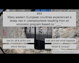 Many eastern European countries experienced a sharp rise in unemployment resulting from an economic program based on “___.” Answer choices include: one for all & all for one, wait and see what happens, shock therapy, divide & conquer