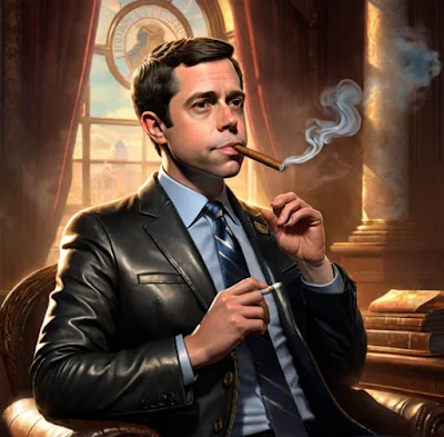 Pete Buttigeig smoking a cigar wearing a black leather blazer more cartoon like