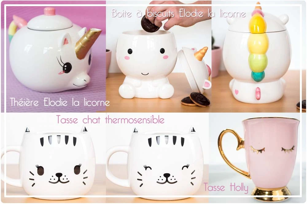 Théière et boite à biscuits Licorne, tasse chat thermosensible et tasse cils Cadeaux Folies