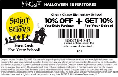 Spirit Halloween will bring the Halloween spirit to schools with 10% off + get 10% for your school when you enter the code "261" when you shop online at Spirit Halloween. 