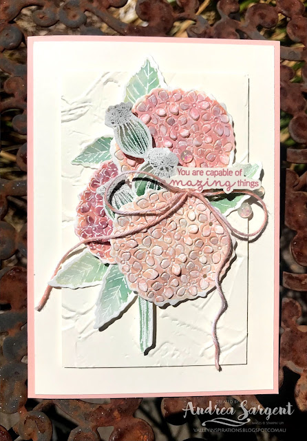 A card showcasing Petal Pink and using water-colouring featuring Stampin' Up!s Hydrangea Haven and Enjoy the Moment stamps.