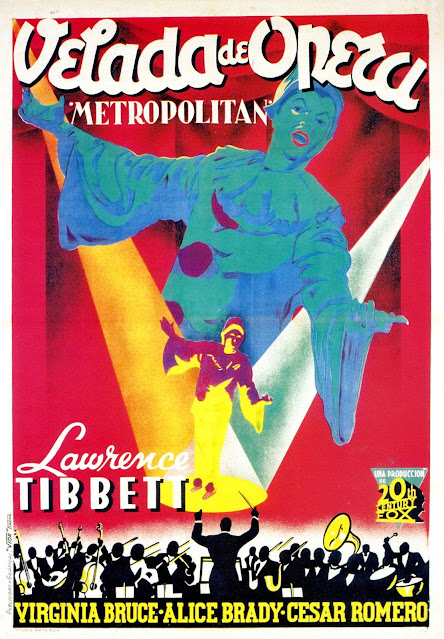 VELADA DE ÓPERA. Cartel: 70 x 100 cms. España. Autor: atribuido a Josep Soligó. Imprenta: Publicidad y Gráficas Vior, Barcelona. De SOLIGÓ MÁS ALLÁ DEL TECHNICOLOR, F. Baena. VELADA DE ÓPERA. Metropolitan. 1935. Estados Unidos. Dirección: Richard Boleslawski. Reparto: Lawrence Tibbett, Virginia Bruce, Alice Brady, Cesar Romero, Thurston Hall, Luis Alberni, George F. Marion, Adrian Rosley, Christian Rub, Franklyn Ardell, Etienne Girardot, Jessie Ralph, Walter Brennan, Jane Darwell, Patricia Farr.