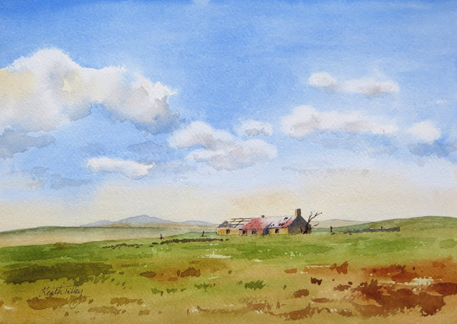 View of an extensive moorland landscape, with a ruined building on a hill in the foreground