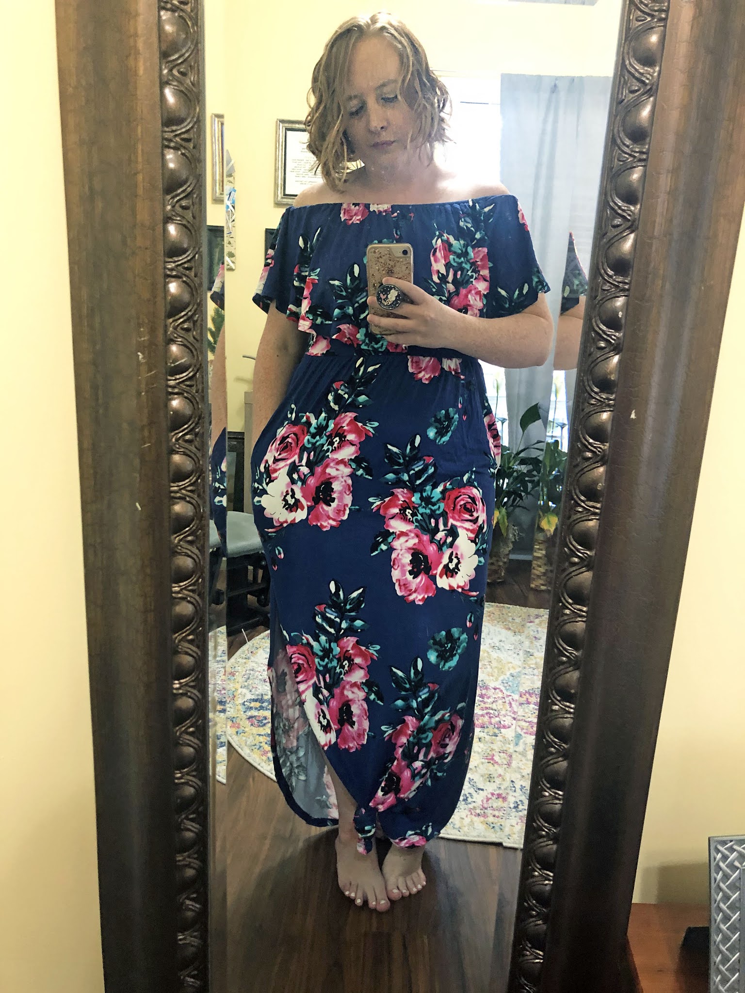 off shoulder blue floral maxi dress