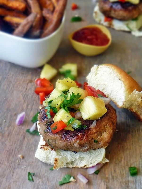 Hawaiian Turkey Sliders | by Life Tastes Good with a honey ginger glaze and pineapple salsa on a Kings Hawaiian Original Sweet Roll! Now that's a turkey burger y'all! #TurkeyBurger #Hawaiian