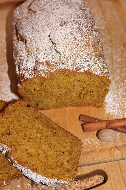 Slices of a pumpkin spice loaf cake.