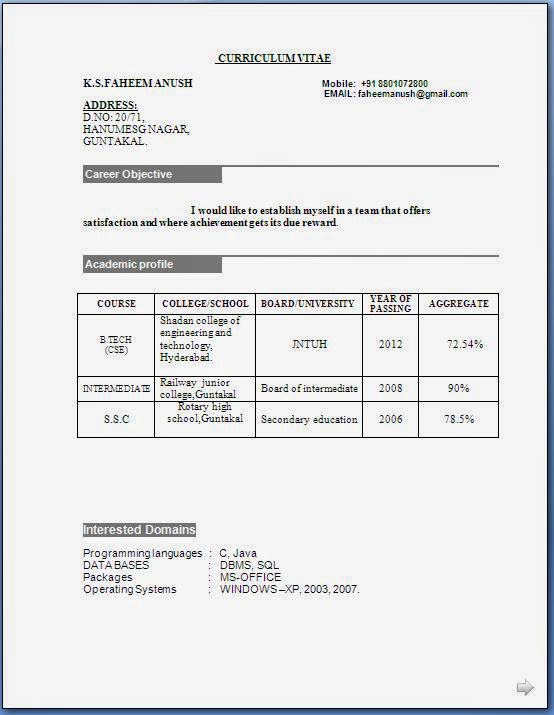 Tech CSE Fresher Resume Free Download