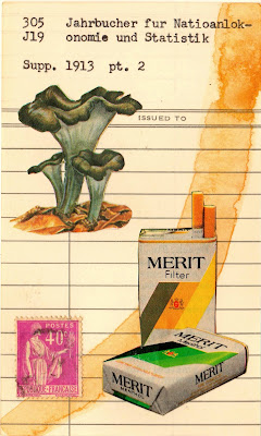 library due date card, postage stamp france lady liberty merit cigarettes mushroom fungi dada fluxus mail art collage