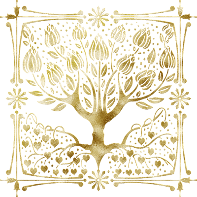 Golden tree of life with heart roots and flower border
