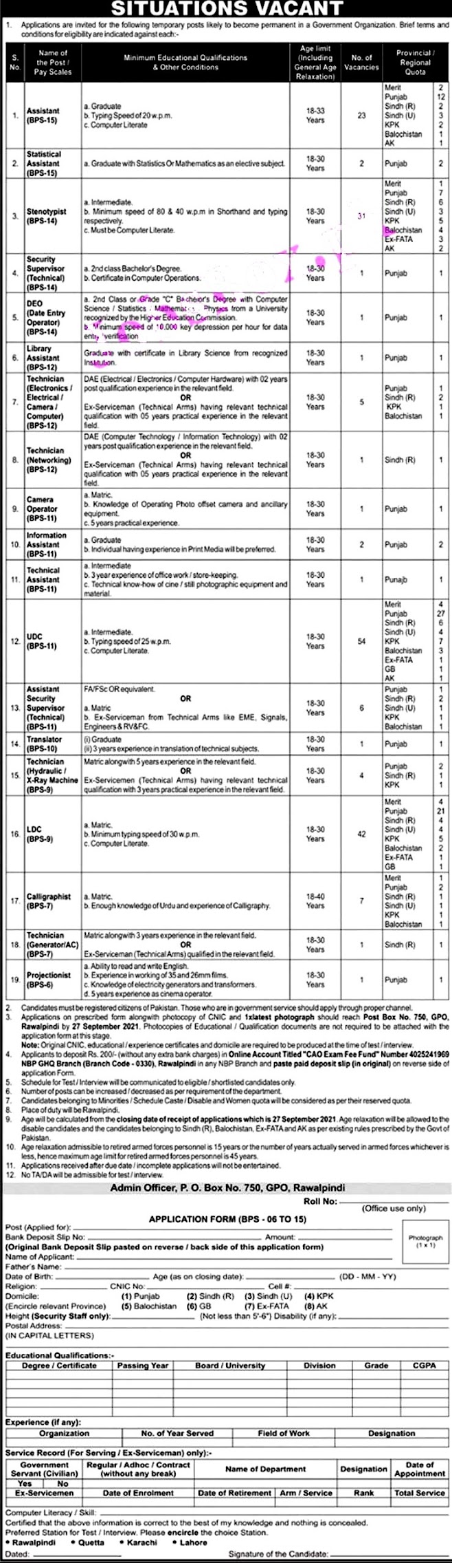 Pakistan Army PO Box No 750 GPO Rawalpindi 2021 Latest Jobs