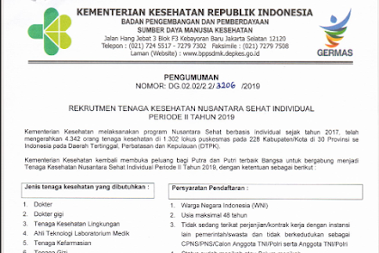 Jadwal Rekrutmen Tenaga Kesehatan Nusantara Sehat Individual Periode II
Tahun 2019