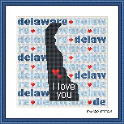 Delaware state map typography cross stitch pattern - Tango Stitch