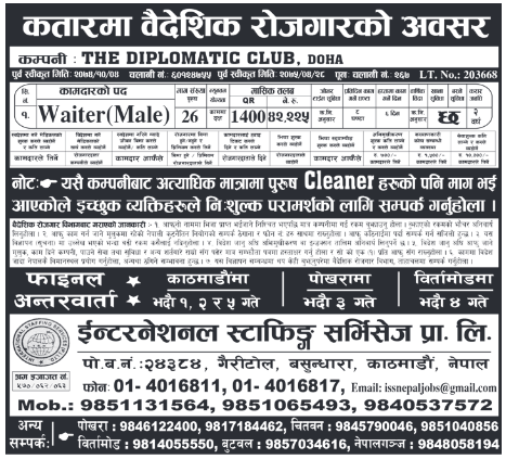 Jobs in Qatar for Nepali, Salary Rs 42,225