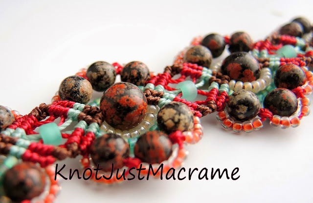 Red jasper macrame bracelet with turquoise.