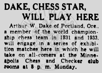 1934, Arthur W. Dake Visits Minneapolis, Minneapolis for Simultaneous Chess Exhibition
