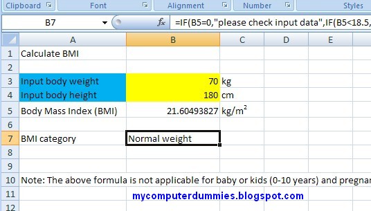 My Computer Dummies Calculate Body Mass Index Bmi Formula In