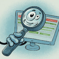 Cartoon of magnifying glass looking at computer screen.