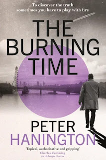 Cover for book "The Burning Time" by Peter Hanington. A panorama of London with the London Eye and Houses of Parliament, overlain by a purple sun and a running man in a trench coat.