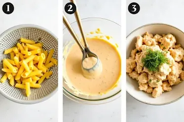 Steps to make Crab Pasta Salad: prepping, mixing, serving