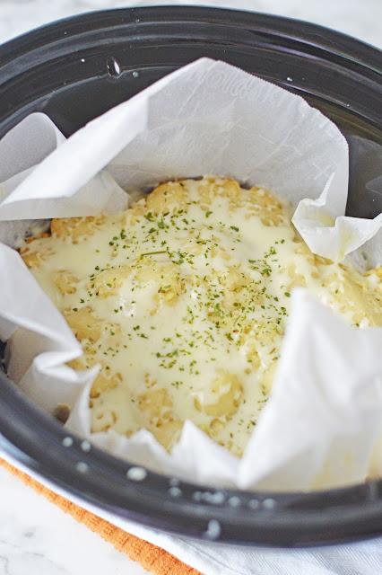 bread in a parchment lined slow cooker.