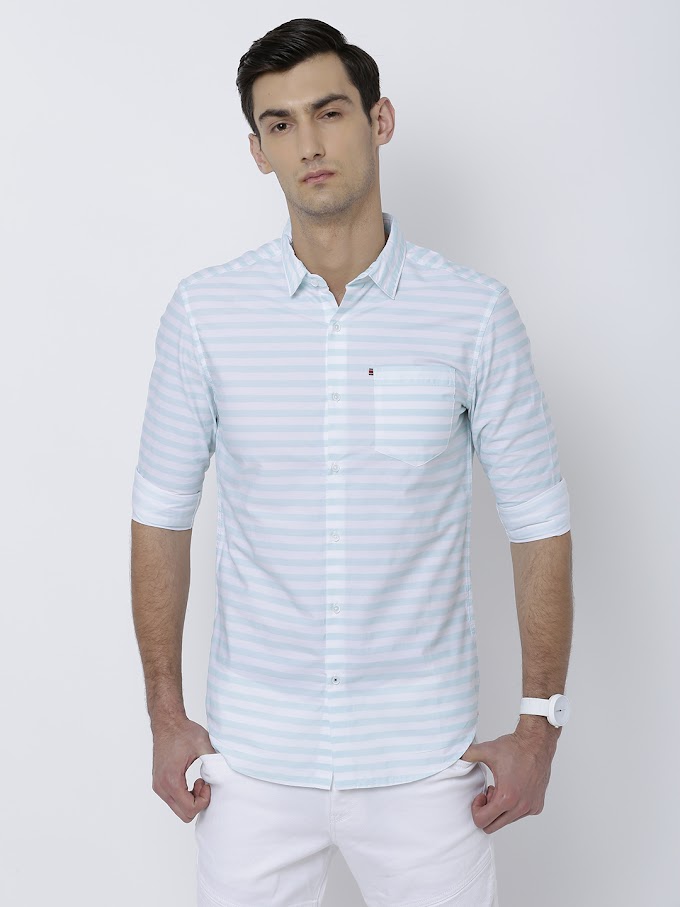 Men White & Light Blue Slim Fit Striped Casual Shirt - FLIP1DEALS