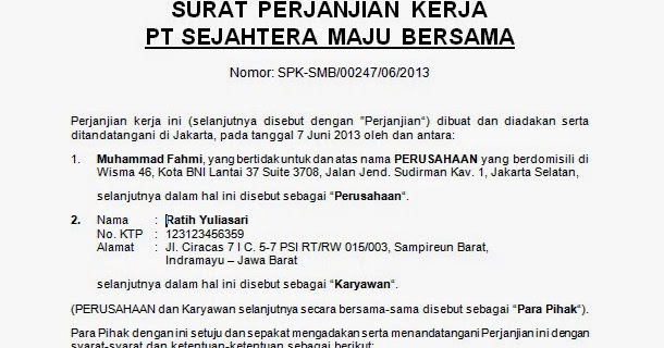 [.doc] CONTOH SURAT PERJANJIAN KERJA (KONTRAK KERJA 