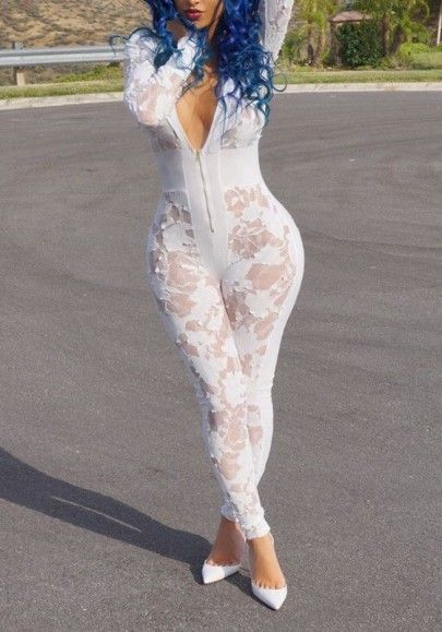  White laces Deep V-neck Club Jumpsuit