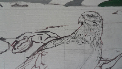 Work in Progress, Sketch on canvas. Source shows close up of Resting white-tailed eagle.