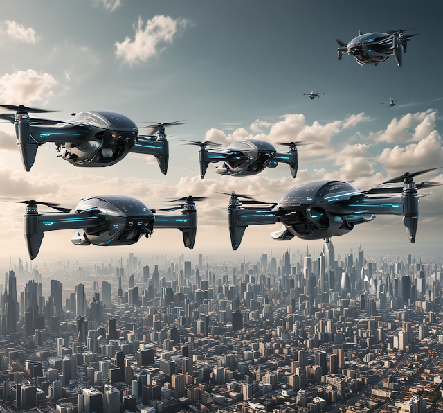 Futuristic urban skyline with multiple eVTOL aircraft in flight