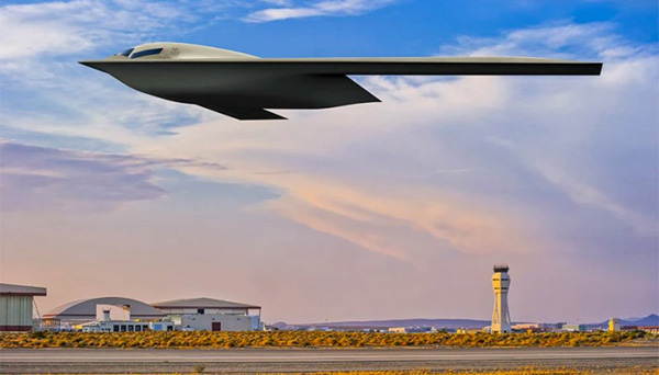 An artist's concept of the B-21 Raider, the U.S. Air Force's newest stealth bomber, taking to the skies above California's Mojave Desert.