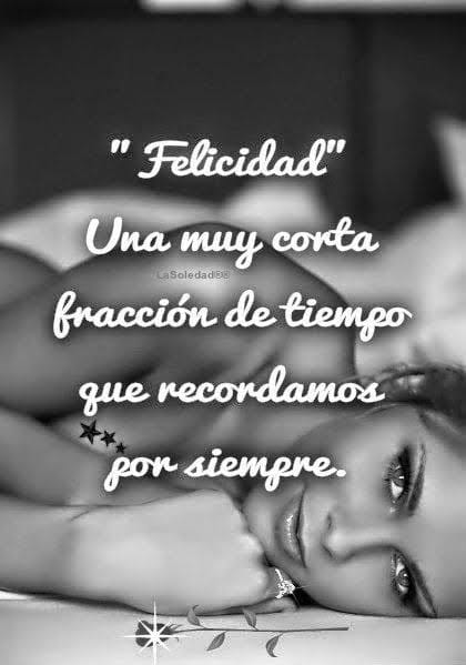 En mi vida sentí varias veces la felicidad, llegue a sumergirme en ella con toda mi alma, no sólo tocarla con la punta de mis dedos. Fue entonces, después de haber vivido en toda mi plenitud, que llegué a una conclusión: "La felicidad es un segundo eterno." Constantemente seguimos buscando ese momento en el que no puedes hacer más que sonreír sin preocupaciones ni caídas. Sin embargo no importa que tan puro fuese, para llegar a él debemos conocer ese vacío interior, esa desazón que nos hunde hasta lo más penosa que puede sentirse una lágrima. Hasta que un día con esperanza y voluntad peguemos el salto para salir de la oscuridad.  Así entonces volaremos felices y aunque sea por un momento aprenderemos lo que vale un segundo. →"FELICIDAD" Una muy corta fracción de tiempo que recordamos por siempre.