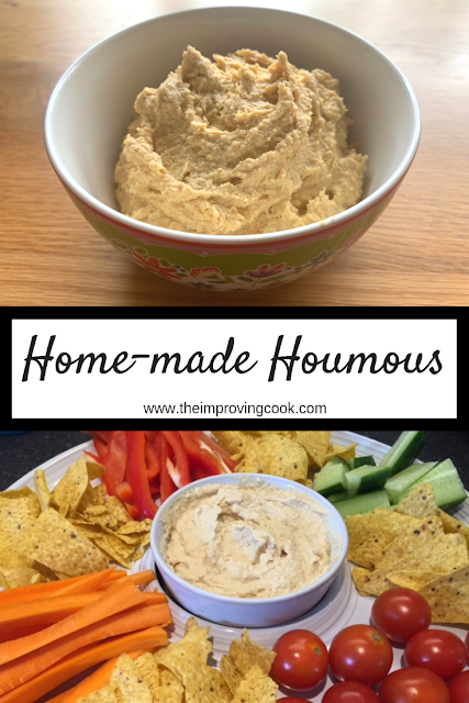 Houmous in a patterned bowl with crudite and a text overlay