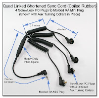 Quad Linked Shortened Sync Cord (Coiled Rubber) - 4 ScrewLock PC Plugs to Molded RA Mini Plug with Aux Turning Collars and Heavy Duty Inline Splice