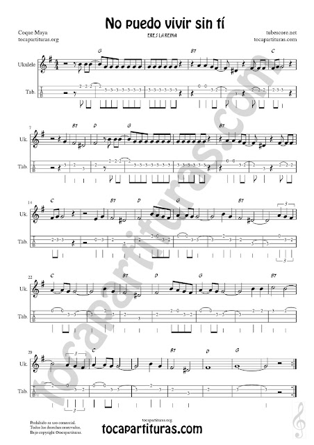 Ukelele Tablatura y Partitura de No puedo vivir sin tí Punteo Tablature Sheet Music for Ukelele Tabs Music Scores