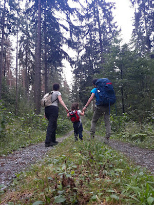 Mamma e papà nei boschi tenendo per mano una bambina di due anni