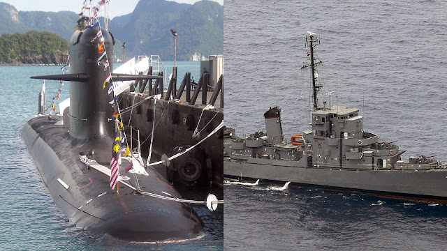 A Scorpene-class Submarine and one of the Navy's WW2 Era Ships, Photos from Wikimedia Commons