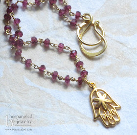Hamsa Necklace in 24k gold vermeil with garnet rosary chain by bespangledjewelry on etsy