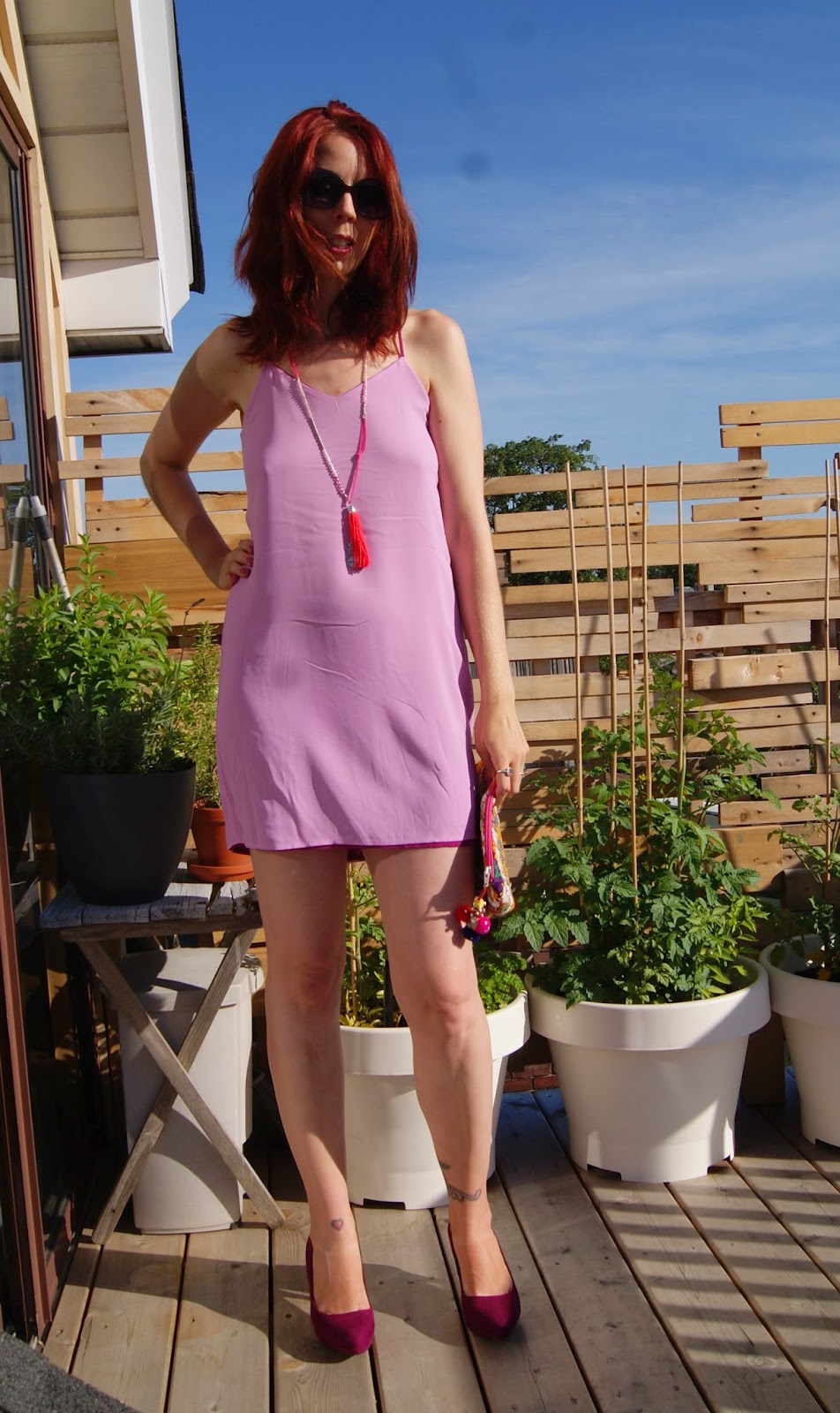 Reversible Cami Dress and necklace from Express, Walmart Shoes, Urban Outfitters Clutch,Fashion, Style, Orchid, Melanie_Ps, The Purple Scarf, Toronto, Outfit, Travel, Cami, accessories, Heels