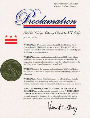 美國首都華盛頓D.C.市葛瑞市長宣布2011年1月19日為“第三世多杰羌佛”日