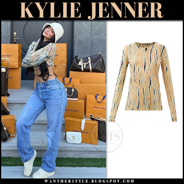 Kylie Jenner in beige tie-dye top and jeans