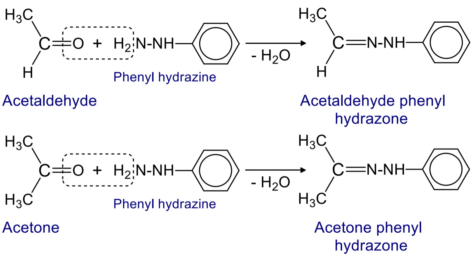 When aldehyde and ketone reacts with phenyl hydrazine then phenylhydrazone are formed.
