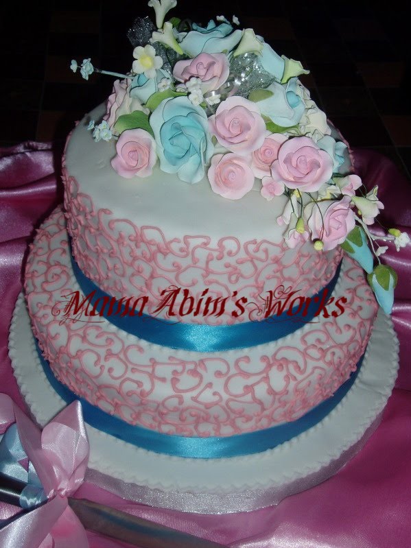 Lacy Pink with Blue Ribbon Wedding Cake Posted by MamaAbim's Passion at