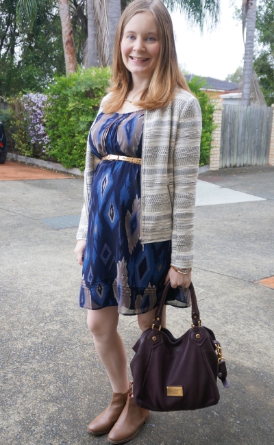 Away from Blue | Spring Second Trimester Office Wear Aztec print dress ankle boots