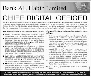 Bank Al Habib Ltd Jobs 2019 for Chief Digital Officer