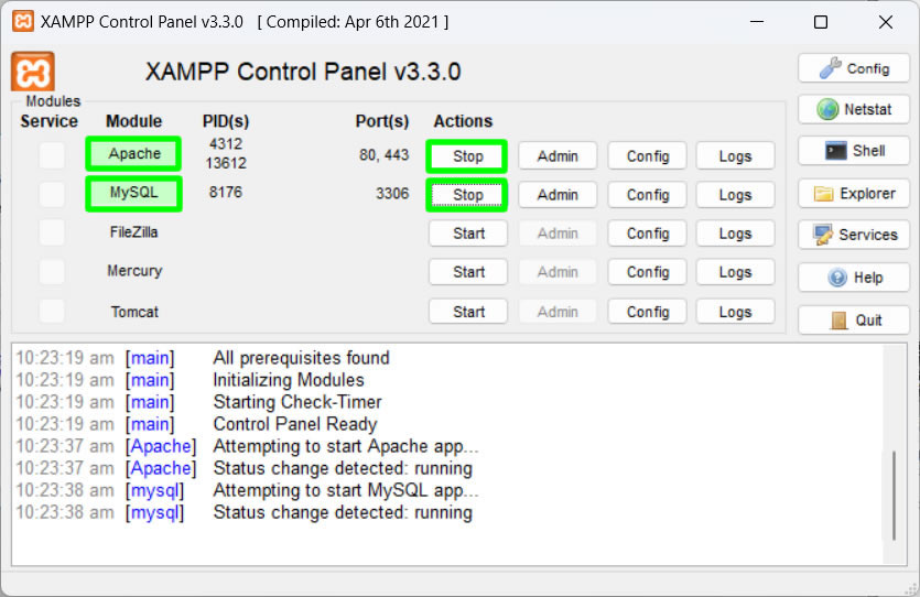 xampp apache mysql server are running