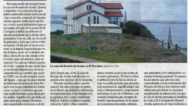 Fragmento del escrito sobre la casa de Rosario de Acuña publicado en noviembre de 2018